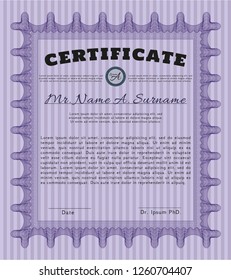 Violet Certificate diploma or award template. With guilloche pattern and background. Customizable, Easy to edit and change colors. Retro design. 