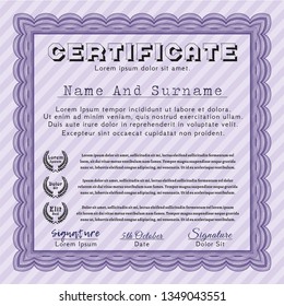 Violet Certificate diploma or award template. Money style design. With guilloche pattern. Vector illustration. 