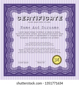 Violet Certificate diploma or award template. Customizable, Easy to edit and change colors. Printer friendly. Excellent design. 