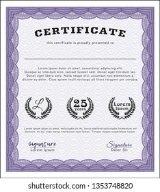 Violet Certificate diploma or award template. Vector illustration. With complex linear background. Elegant design. 