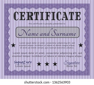Violet Certificate diploma or award template. Customizable, Easy to edit and change colors. With linear background. Elegant design. 