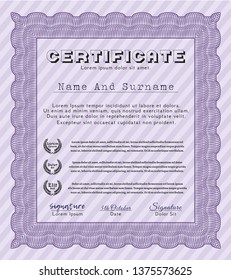 Violet Certificate diploma or award template. Detailed. With linear background. Money design. 