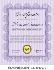 Violet Certificate diploma or award template. Lovely design. Complex background. Vector illustration. 