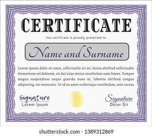 Violet Certificate diploma or award template. Lovely design. Easy to print. Vector illustration. 