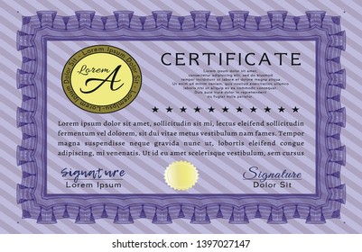 Violet Certificate diploma or award template. Cordial design. Detailed. Complex background. 