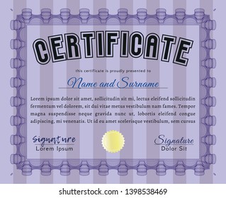 Violet Certificate diploma or award template. Complex background. Money design. Vector illustration. 