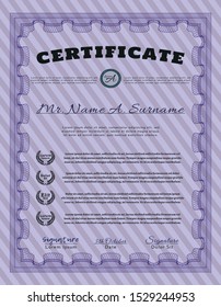 Violet Certificate diploma or award template. Money Pattern. Detailed. With complex linear background. 