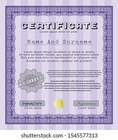 Violet Certificate diploma or award template. Customizable, Easy to edit and change colors. With guilloche pattern and background. Superior design. 