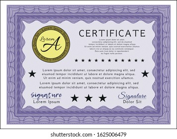 Violet Certificate diploma or award template. With guilloche pattern and background. Money Pattern design. Detailed. 