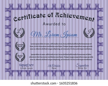 Violet Certificate diploma or award template. Complex background. Sophisticated design. Detailed. 