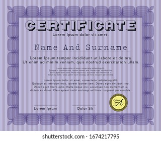 Violet Certificate diploma or award template. Vector illustration. With complex linear background. Excellent design. 