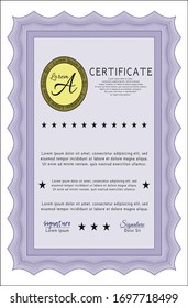 Violet Certificate diploma or award template. Good design. Detailed. With complex background. 