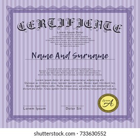 Violet Certificate diploma or award template. Money design. Complex background. Vector illustration. 