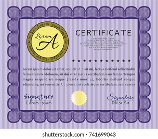 Violet Certificate diploma or award template. Money design. Vector illustration. With complex linear background. 