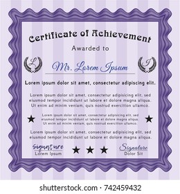 Violet Certificate diploma or award template. Money design. With guilloche pattern and background. Detailed. 