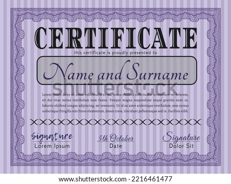 Violet Certificate diploma or award template.  Money style design.  With great quality guilloche pattern.  Detailed. 