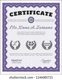 Violet Certificate or diploma template. Artistry design. With background. Vector illustration. 