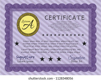 Violet Certificate or diploma template. With background. Detailed. Elegant design. 