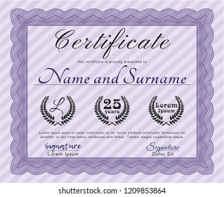 Violet Certificate or diploma template. With background. Vector illustration. Money style design. 
