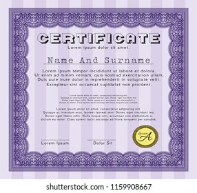 Violet Certificate or diploma template. Complex background. Vector illustration. Nice design. 
