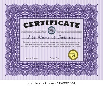 Violet Certificate or diploma template. Complex background. Beauty design. Vector illustration. 