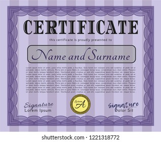 Violet Certificate or diploma template. With complex linear background. Detailed. Money design. 