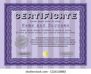 Violet Certificate or diploma template. With complex linear background. Detailed. Beauty design. 