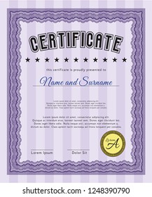 Violet Certificate or diploma template. With complex linear background. Customizable, Easy to edit and change colors. Cordial design. 