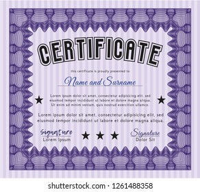 Violet Certificate or diploma template. With complex background. Detailed. Money design. 