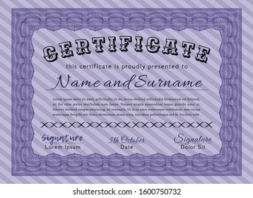 Violet Certificate or diploma template. Complex background. Detailed. Nice design. 