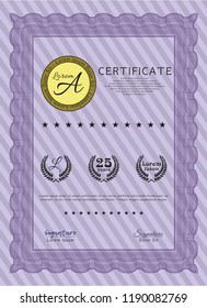 Violet Certificate or diploma template. Customizable, Easy to edit and change colors. With guilloche pattern and background. Beauty design. 