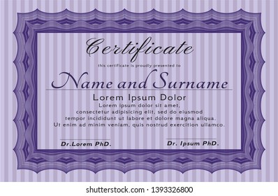 Violet Certificate or diploma template. Customizable, Easy to edit and change colors. With guilloche pattern and background. Cordial design. 