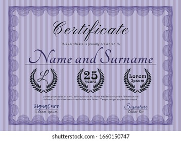 Violet Certificate or diploma template. Customizable, Easy to edit and change colors. Printer friendly. Cordial design. 