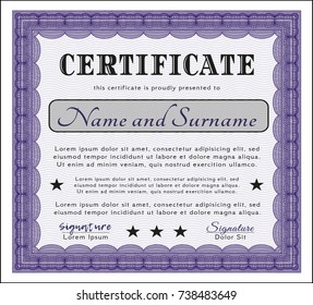 Violet Certificate or diploma template. Customizable, Easy to edit and change colors. With complex linear background. Cordial design. 