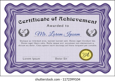 Violet Certificate or diploma template. Detailed. With linear background. Lovely design. 