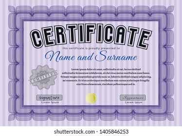 Violet Certificate or diploma template. Detailed. Complex background. Beauty design. 