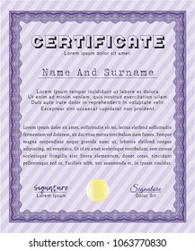 Violet Certificate or diploma template. Easy to print. Detailed. Money Pattern. 