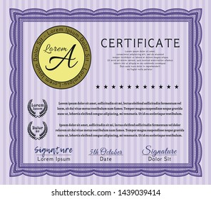 Violet Certificate or diploma template. Easy to print. Money design. Detailed. 
