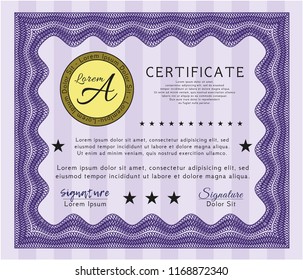 Violet Certificate or diploma template. Elegant design. With background. Detailed. 