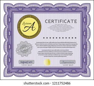 Violet Certificate or diploma template. Excellent design. With linear background. Vector illustration. 