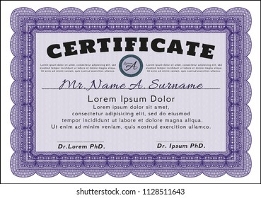 Violet Certificate or diploma template. With guilloche pattern and background. Detailed. Lovely design. 