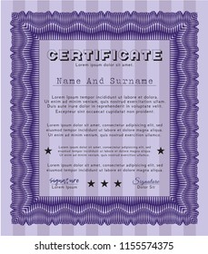 Violet Certificate or diploma template. With guilloche pattern. Detailed. Modern design. 