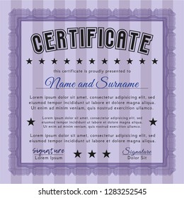 Violet Certificate or diploma template. With guilloche pattern. Vector illustration. Lovely design. 
