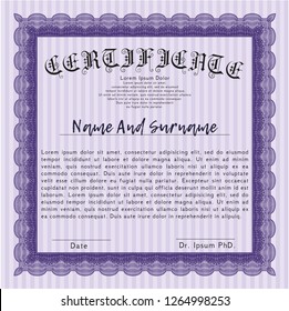 Violet Certificate or diploma template. With linear background. Money Pattern. Vector illustration. 