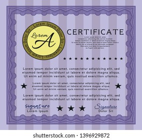 Violet Certificate or diploma template. With linear background. Detailed. Beauty design. 