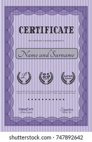 Violet Certificate or diploma template. With linear background. Money Pattern. Detailed. 