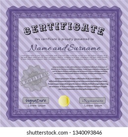 Violet Certificate or diploma template. Modern design. With great quality guilloche pattern. Vector illustration. 