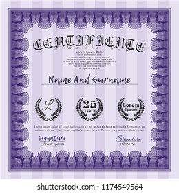 Violet Certificate or diploma template. Money Pattern design. Detailed. With complex linear background. 