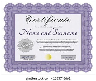 Violet Certificate or diploma template. Money style design. With guilloche pattern. Customizable, Easy to edit and change colors. 