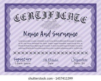 Violet Certificate or diploma template. Money style design. Detailed. With complex background. 